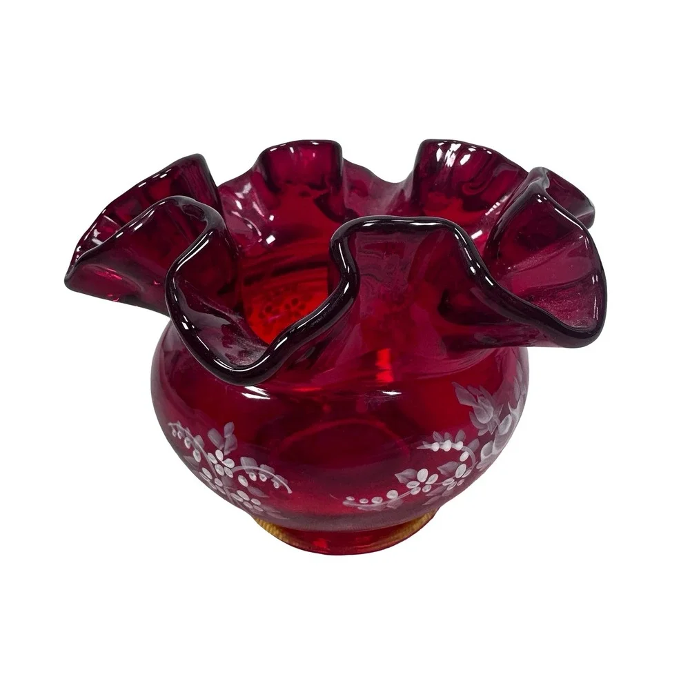 Fenton Ruby Red Glass Ruffled Rose Bowl Painted White Roses Sue Foster Glows UV